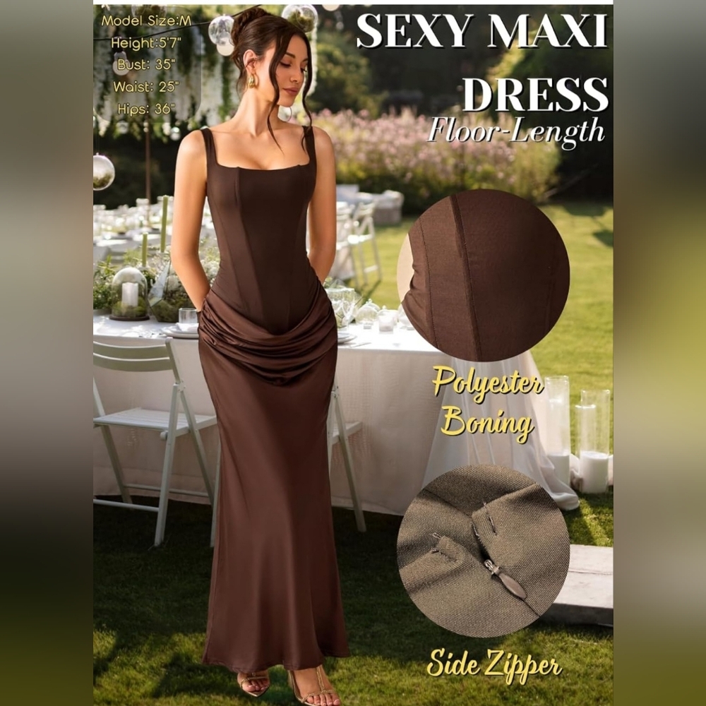 Elegant Brown Satin Lace-Up Dress - Picture 3 of 7